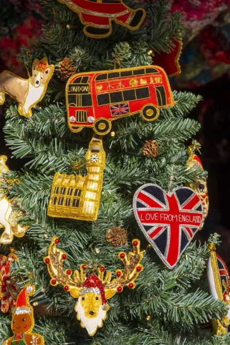 Framed Print : Christmas tree decorations, Christmas market, London, England, UK Framed Print : Christmas tree decorations, Christmas market, London, England, UK