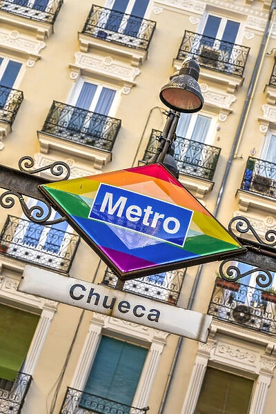 Chueca metro sign with rainbow flag, Madrid, Community of Madrid, Spain