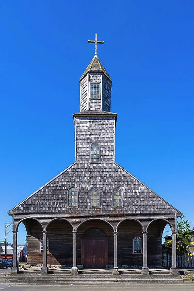 Church of Achao facade on sunny day, Achao, Quinchao Island, UNESCO, Chiloe Province, Los Lagos Region, Chile