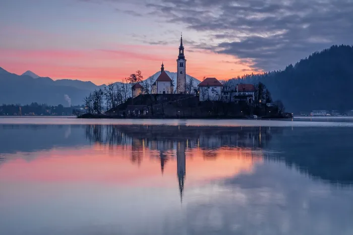 Framed Print : Church of the Assumption of the Blessed Virgin Mary, on Bled island, Lake Bled, at dawn, Bled, Slovenia Framed Print : Church of the Assumption of the Blessed Virgin Mary, on Bled island, Lake Bled, at dawn, Bled, Slovenia