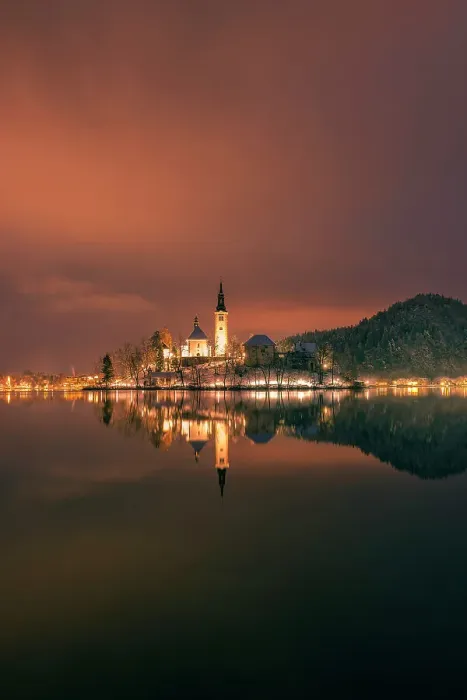 Framed Print : Church of the Assumption, Lake Bled, Slovenia by night