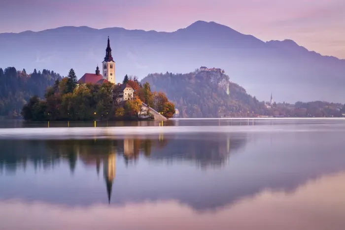 Framed Print : Church of the Assumption and Lake Bled at sunrise, Bled, Slovenia