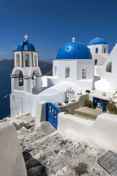 Framed Print : Church with blue domes in Oia, Santorini, South Aegean, Greece Framed Print : Church with blue domes in Oia, Santorini, South Aegean, Greece