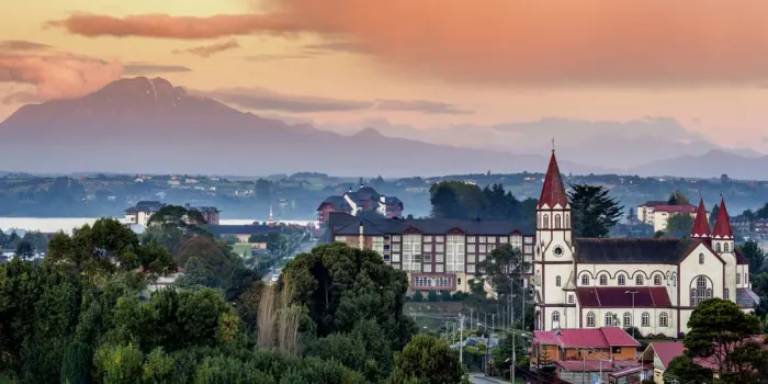 Framed Print : Church and Calbuco Volcano at sunset, Puerto Varas, Llanquihue Province, Los Lagos Region Framed Print : Church and Calbuco Volcano at sunset, Puerto Varas, Llanquihue Province, Los Lagos Region