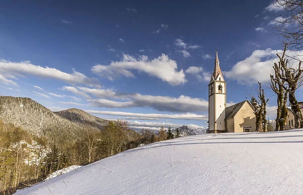 The church of Coi after a snowfall, Zoldo Valley, Belluno district, Veneto, Italy, Europe