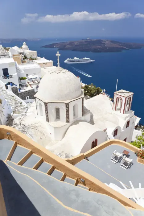 Framed Print : Church and cruise ship, Fira, Santorini (Thira), Cyclades, Greece Framed Print : Church and cruise ship, Fira, Santorini (Thira), Cyclades, Greece