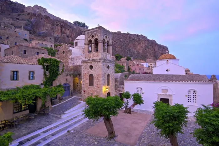 Framed Print : Church of Elkomenos Christos and Bell Tower in Platia Dsami Square, Monemvasia, Laconia