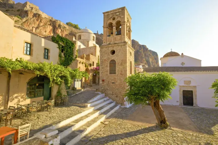 Framed Print : Church of Elkomenos Christos and Bell Tower in Platia Dsami Square, Monemvasia, Laconia Framed Print : Church of Elkomenos Christos and Bell Tower in Platia Dsami Square, Monemvasia, Laconia
