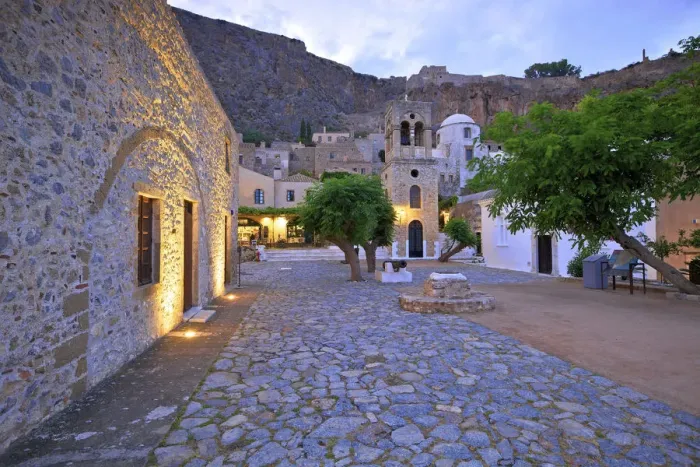 Framed Print : Church of Elkomenos Christos and Bell Tower in Platia Dsami Square, Monemvasia, Laconia
