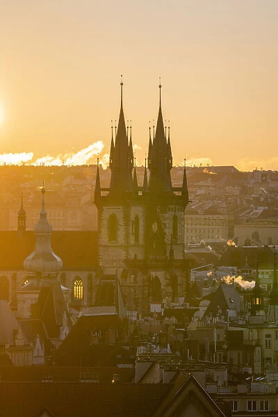 Church of our lady before Tyn seen from Letna Park at sunrise, Prague, Bohemia, Czech Republic