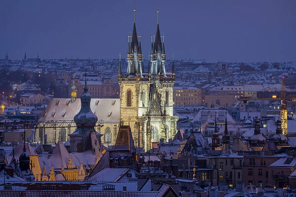 Church of our lady before Tyn seen from Letna Park at twilight in winter, Prague, Bohemia