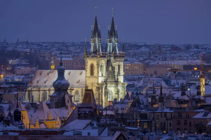 Framed Print : Church of our lady before Tyn seen from Letna Park at twilight in winter, Prague, Bohemia Framed Print : Church of our lady before Tyn seen from Letna Park at twilight in winter, Prague, Bohemia