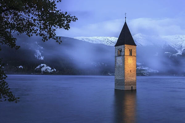 The church in the lake at Resia lake, Venosta valley, Trentino alto Adige, italy