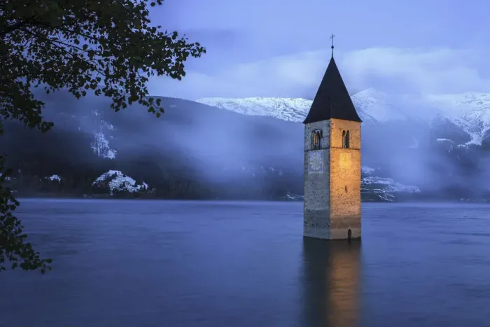 Framed Print : The church in the lake at Resia lake, Venosta valley, Trentino alto Adige, italy Framed Print : The church in the lake at Resia lake, Venosta valley, Trentino alto Adige, italy