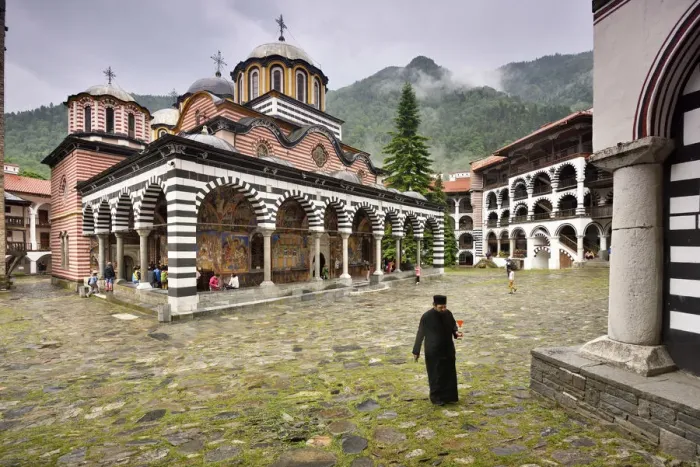 Framed Print : The Church of the Nativity of the Virgin Mother and the courtyard. Rila Monastery Framed Print : The Church of the Nativity of the Virgin Mother and the courtyard. Rila Monastery