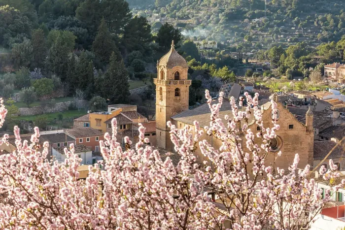 Framed Print : Church in the old town of Bunyola with blooming almond tree, Mallorca, Balearic Islands, Spain Framed Print : Church in the old town of Bunyola with blooming almond tree, Mallorca, Balearic Islands, Spain