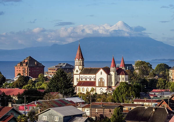 Church and Osorno Volcano, elevated view, Puerto Varas, Llanquihue Province, Los Lagos