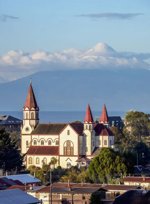 Framed Print : Church and Osorno Volcano, elevated view, Puerto Varas, Llanquihue Province, Los Lagos Framed Print : Church and Osorno Volcano, elevated view, Puerto Varas, Llanquihue Province, Los Lagos