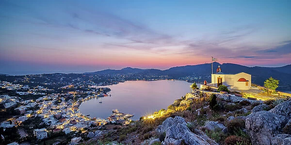 Church of Prophet Elias over the town of Agia Marina at dusk, Leros Island, Dodecanese, Greece