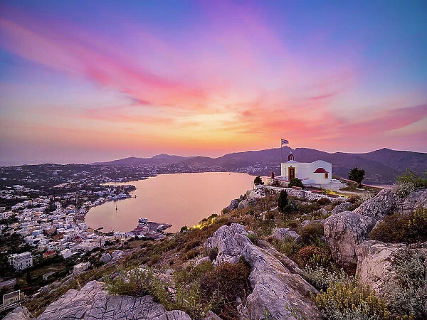 Church of Prophet Elias over the town of Agia Marina at sunset, Leros Island, Dodecanese, Greece