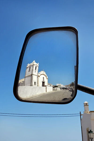 Church reflected in wing mirror, Vila do Bispo, Costa Vicentina, Algarve, Portugal