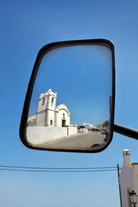 Framed Print : Church reflected in wing mirror, Vila do Bispo, Costa Vicentina, Algarve, Portugal Framed Print : Church reflected in wing mirror, Vila do Bispo, Costa Vicentina, Algarve, Portugal