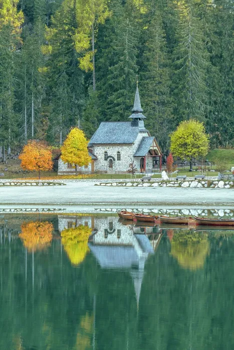 Framed Print : Church Reflecting in Lake Braies (Pragser Wildsee), Dolomites, South Tyrol, Italy Framed Print : Church Reflecting in Lake Braies (Pragser Wildsee), Dolomites, South Tyrol, Italy