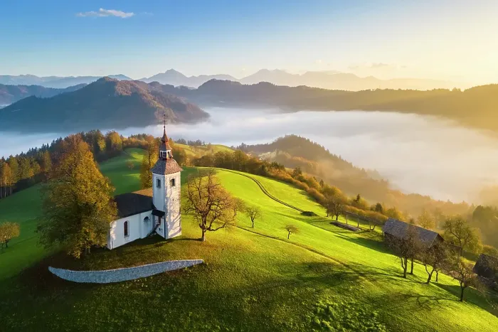 Framed Print : Church of Saint Thomas at sunrise in autumn. Sveti Tomaz, Skofja Loka, Upper Carniola, Slovenia Framed Print : Church of Saint Thomas at sunrise in autumn. Sveti Tomaz, Skofja Loka, Upper Carniola, Slovenia