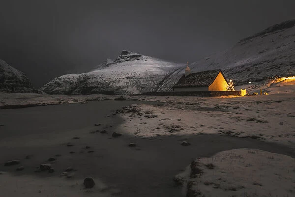 The church in Saksun covered by snow. Streymoy, Faroe Islands