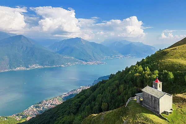 Church of San Bernardo on the mounts over Musso overlooking Lake Como. Musso, Como district, Lake Como, Lombardy, Italy