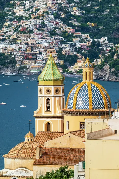 Framed Print : Church of San Gennaro with the colorful houses of Positano in the background, Praiano, Campania, Italy Framed Print : Church of San Gennaro with the colorful houses of Positano in the background, Praiano, Campania, Italy