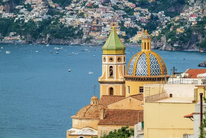 Framed Print : Church of San Gennaro with the colorful houses of Positano in the background, Praiano, Campania, Italy Framed Print : Church of San Gennaro with the colorful houses of Positano in the background, Praiano, Campania, Italy