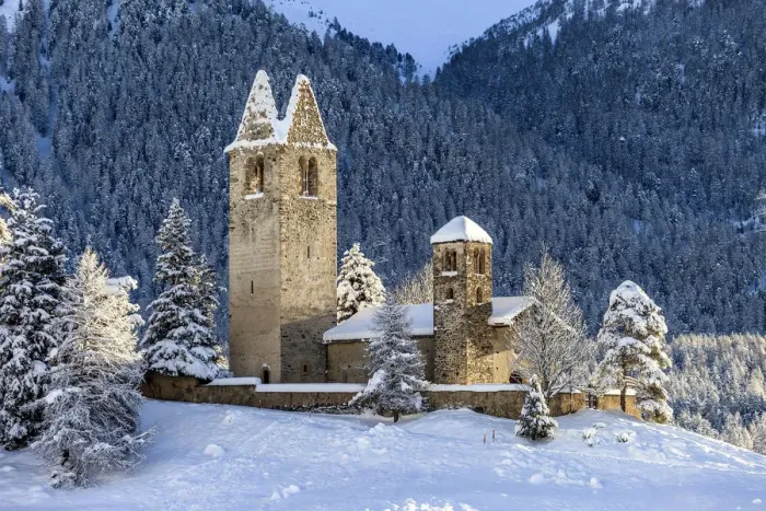 Framed Print : Church of San Gian surrounded by snowy woods, Celerina, Engadine, canton of Graubunden Framed Print : Church of San Gian surrounded by snowy woods, Celerina, Engadine, canton of Graubunden