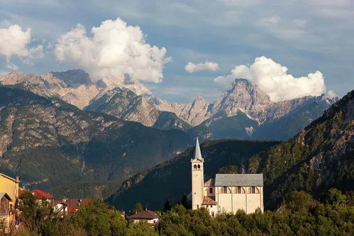 Framed Print : The church of San Martino with Cima dei Preti - Duranno group on the background, Dolomites, Valle di Cadore, Belluno province, Veneto, Italy Framed Print : The church of San Martino with Cima dei Preti - Duranno group on the background, Dolomites, Valle di Cadore, Belluno province, Veneto, Italy