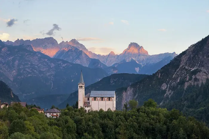 Framed Print : The church of San Martino with Cima dei Preti - Duranno group on the background at sunset, Dolomites, Valle di Cadore, Belluno province, Veneto, Italy Framed Print : The church of San Martino with Cima dei Preti - Duranno group on the background at sunset, Dolomites, Valle di Cadore, Belluno province, Veneto, Italy