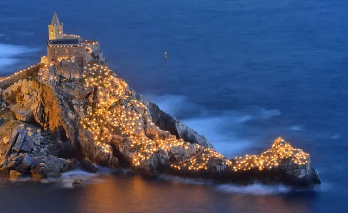 Framed Print : church of san pietro illuminated for the feast of the white madonna, porto venere Framed Print : church of san pietro illuminated for the feast of the white madonna, porto venere