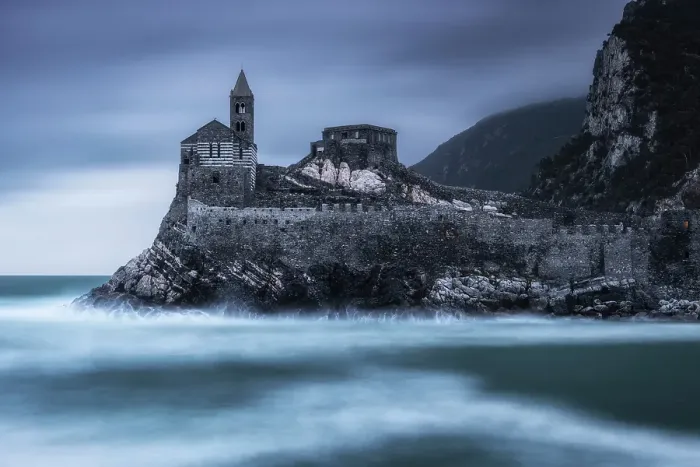 Framed Print : Church of San Pietro taken from the Palmaria island, municipality of Portovenere, La Spezia province, Liguria, Italy Framed Print : Church of San Pietro taken from the Palmaria island, municipality of Portovenere, La Spezia province, Liguria, Italy