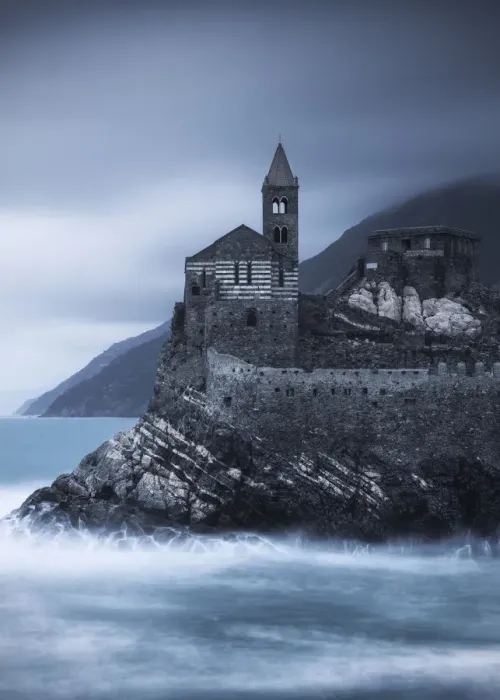 Framed Print : Church of San Pietro taken from the Palmaria island on a cloudy evening Framed Print : Church of San Pietro taken from the Palmaria island on a cloudy evening