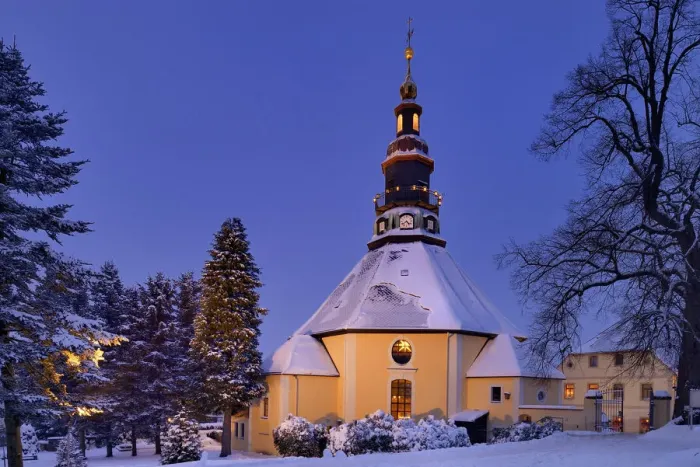 Framed Print : Church in Seiffen at dawn, winter, Seiffen, Ore Mountains, Saxony, Germany, Europe