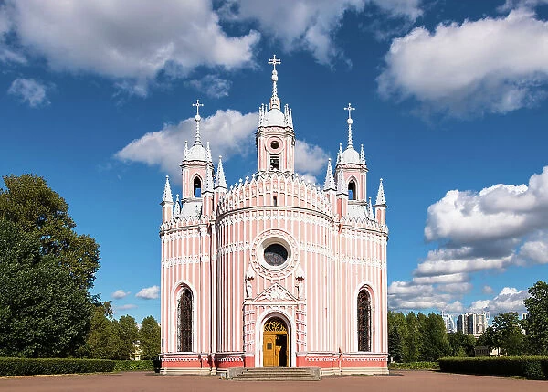 Church of St John the Baptist Chesme (Chesme Church), a rare example of early Gothic Revival influence in Russian church architecture, built in 1780 at the direction of Catherine the Great, Empress of Russia, Saint Petersburg, Russia
