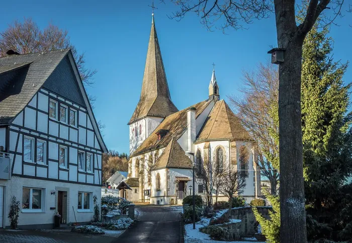 Framed Print : Church of St. Lambertus in the village of Gronebach near Winterberg, Sauerland, North Rhine-Westphalia, Germany