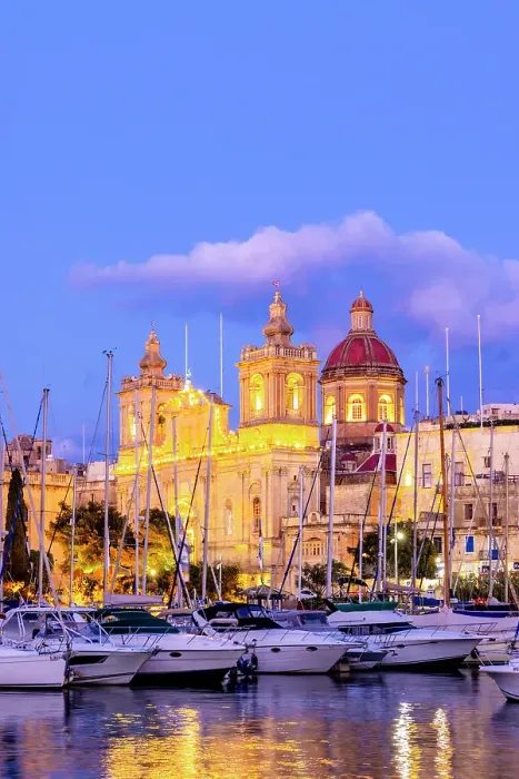 Framed Print : Church of St. Lawrence and Malta Maritime Museum at Dusk, Grand Harbour, Birgu, Malta, Southern Europe