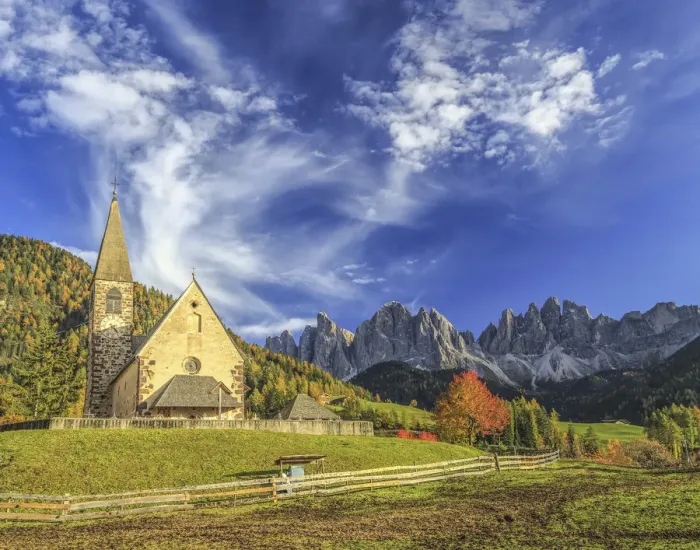 Framed Print : Church of St. Magdalena. In the background the Odle Mountains Framed Print : Church of St. Magdalena. In the background the Odle Mountains
