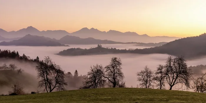 Framed Print : Church of St. Thomas and the Kamink Savinja Alps at sunrise, in autumn, Skofja Loka, Slovenia Framed Print : Church of St. Thomas and the Kamink Savinja Alps at sunrise, in autumn, Skofja Loka, Slovenia
