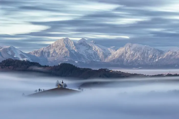Framed Print : Church of St. Thomas and the Kamnik Alps at night lit by the full moon, Skofja Loka, Slovenia