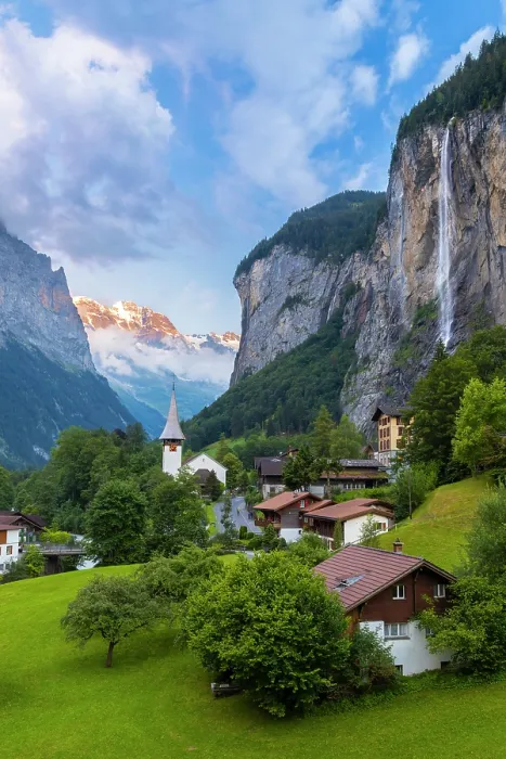 Framed Print : Church and Staubbach waterfall, Lauterbrunnen, Canton of Bern, Switzerland Framed Print : Church and Staubbach waterfall, Lauterbrunnen, Canton of Bern, Switzerland