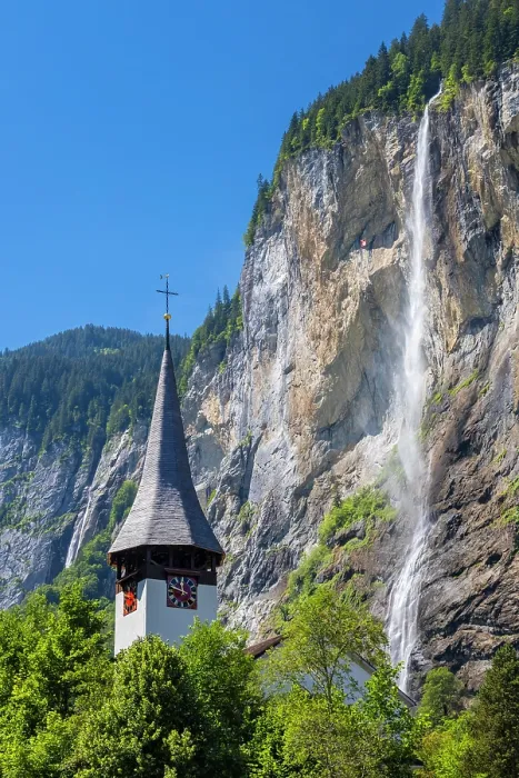 Framed Print : Church and Staubbach waterfall, Lauterbrunnen, Canton of Bern, Switzerland Framed Print : Church and Staubbach waterfall, Lauterbrunnen, Canton of Bern, Switzerland