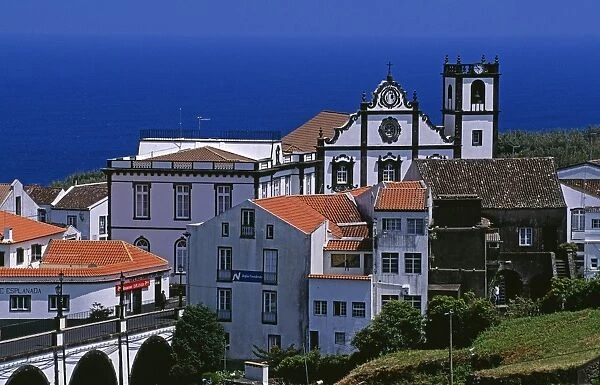 Church tower dominates the town of Nordeste on the island of Sao Miguel, Azores