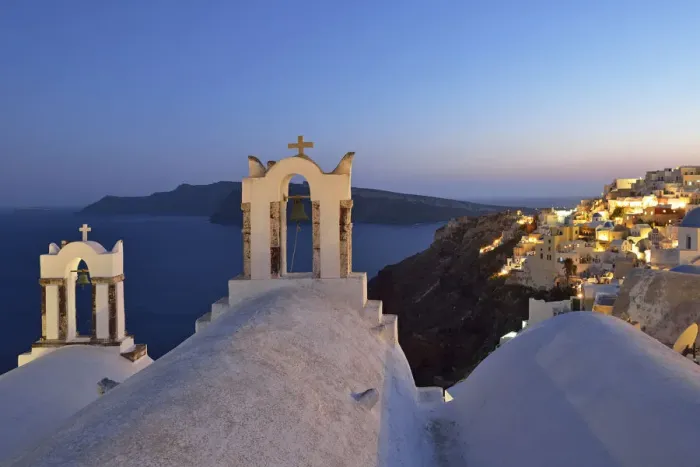 Framed Print : Church and town of Oia at dusk, Santorini, Kyclades, South Aegean, Greece, Europe