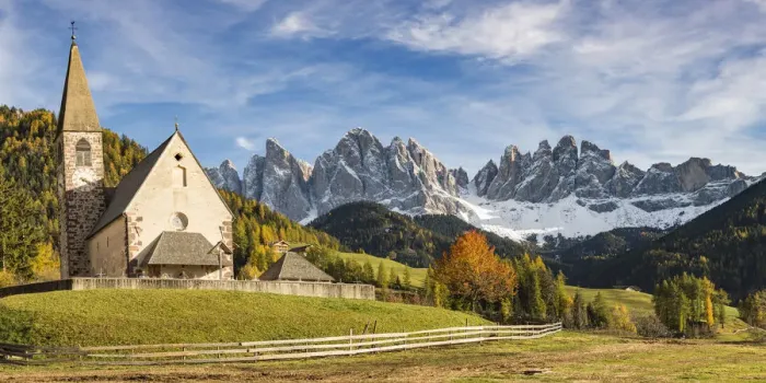 Framed Print : The church of the village with Odle Dolomites peaks on the background. Santa Maddalena Framed Print : The church of the village with Odle Dolomites peaks on the background. Santa Maddalena